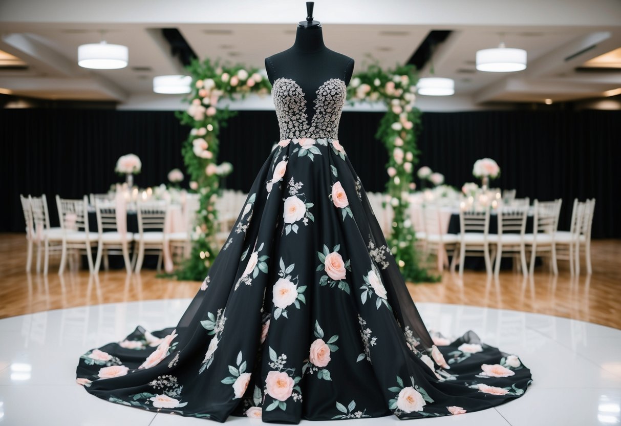 A flowing dress with a black background, adorned with elegant floral patterns, stands out against the backdrop of a wedding venue