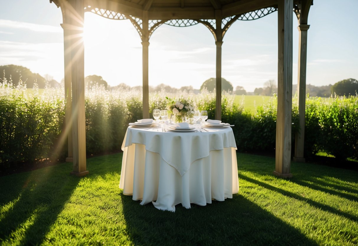 Sunlight streams through a garden gazebo, casting soft shadows on the dewy grass. A table is set with delicate china and fresh flowers, adding a touch of elegance to the morning wedding