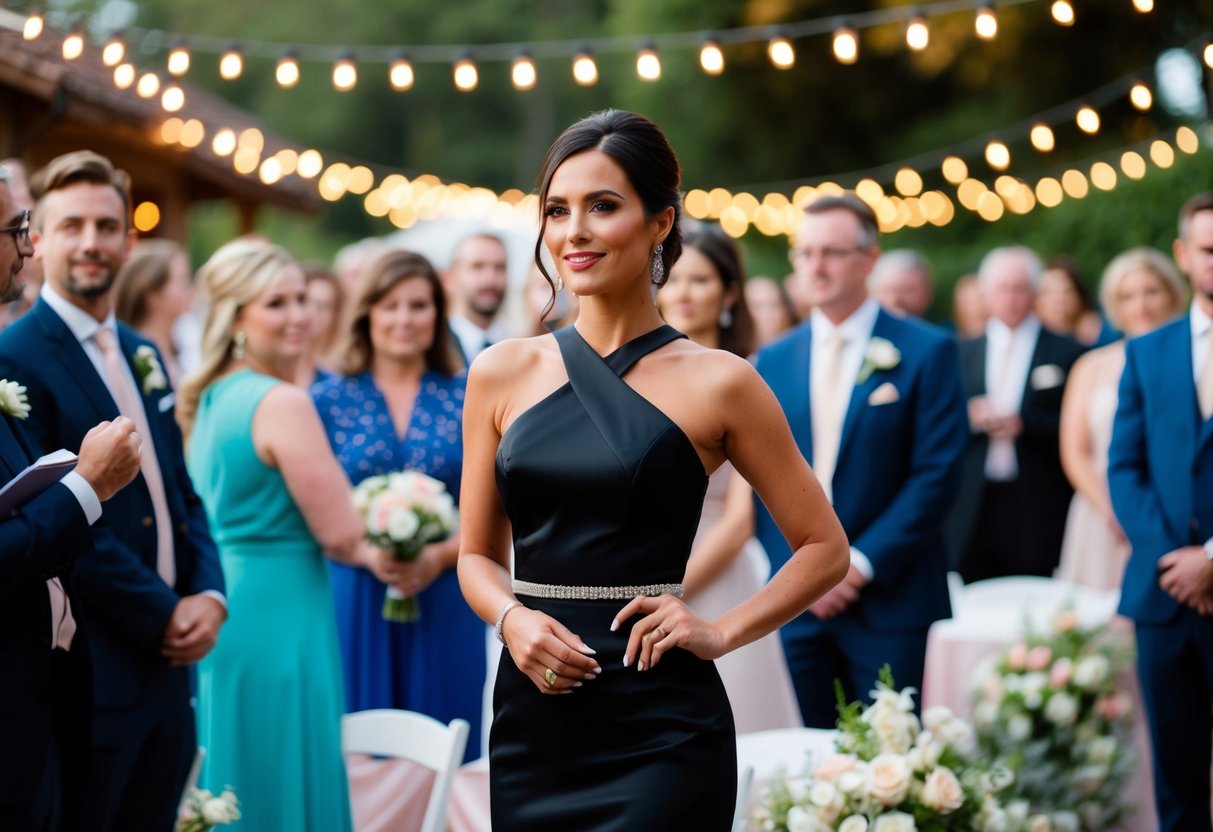 A woman in a stylish black dress stands among a crowd at a wedding, looking elegant and confident. The setting is a beautiful outdoor venue with flowers and twinkling lights
