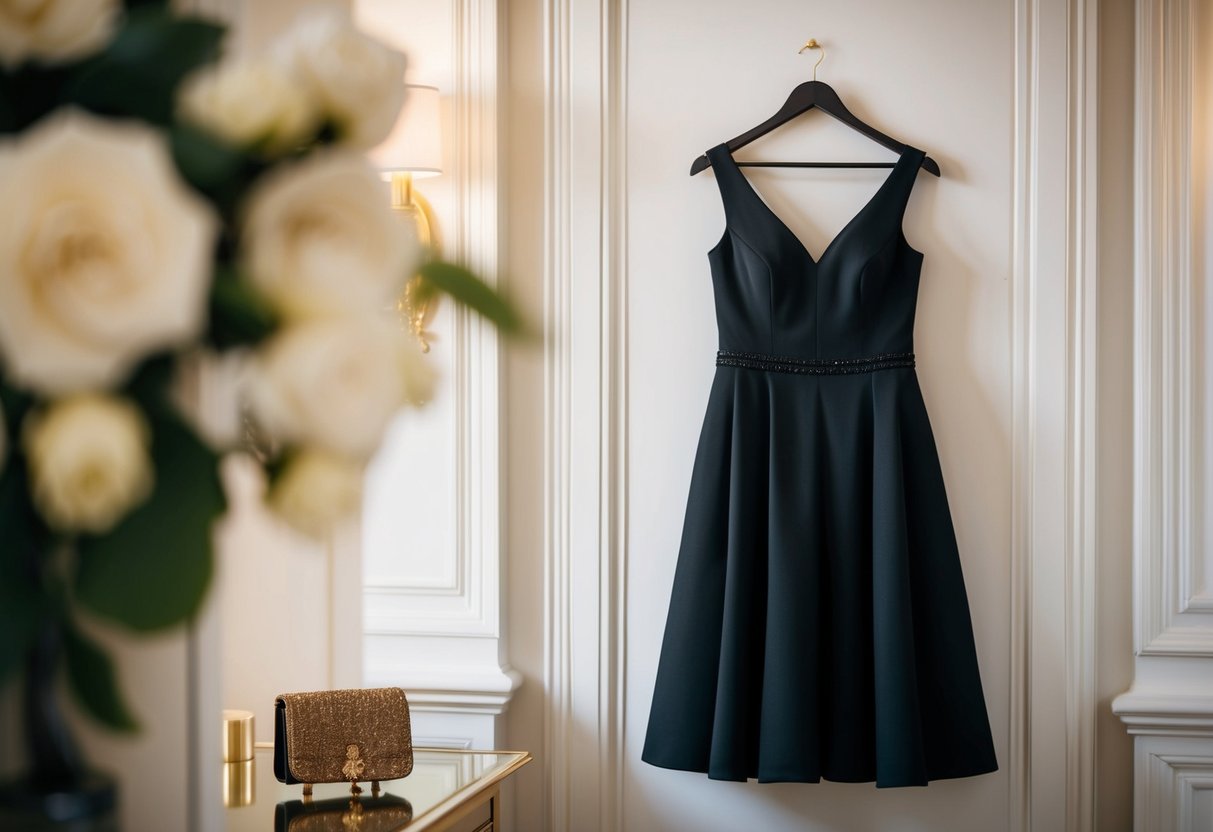 A black dress hanging in a well-lit room with elegant accessories nearby