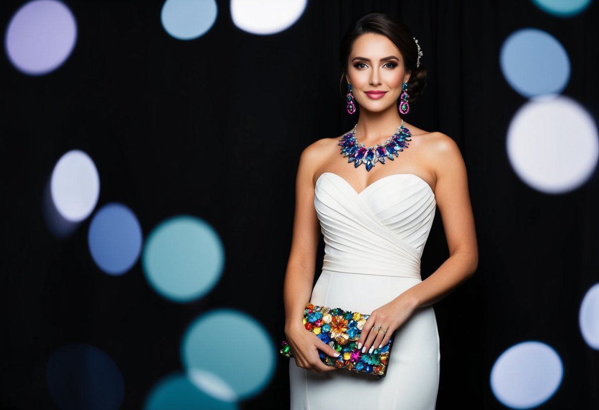 A woman's elegant dress with a black background adorned with colorful accessories, such as a statement necklace, earrings, and a clutch, for a wedding