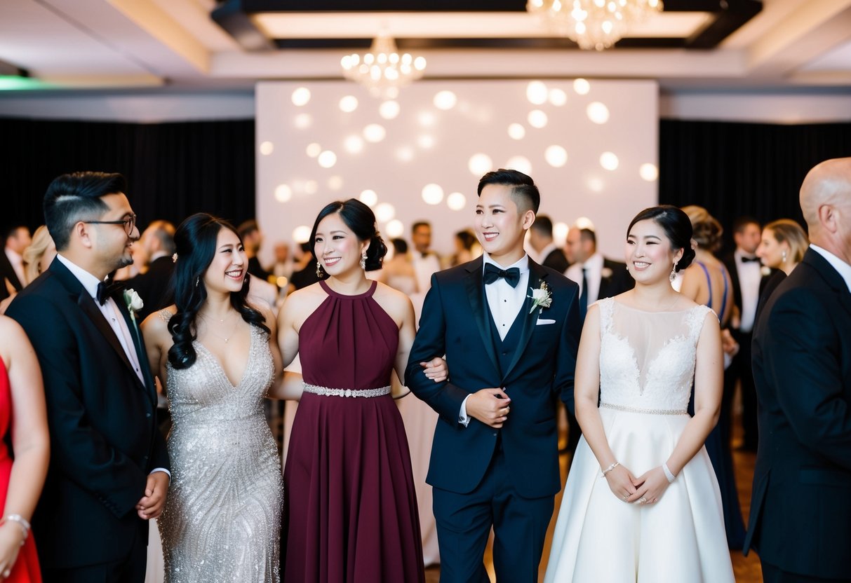 A wedding reception with diverse guests in formal attire, some wearing dresses with black backgrounds