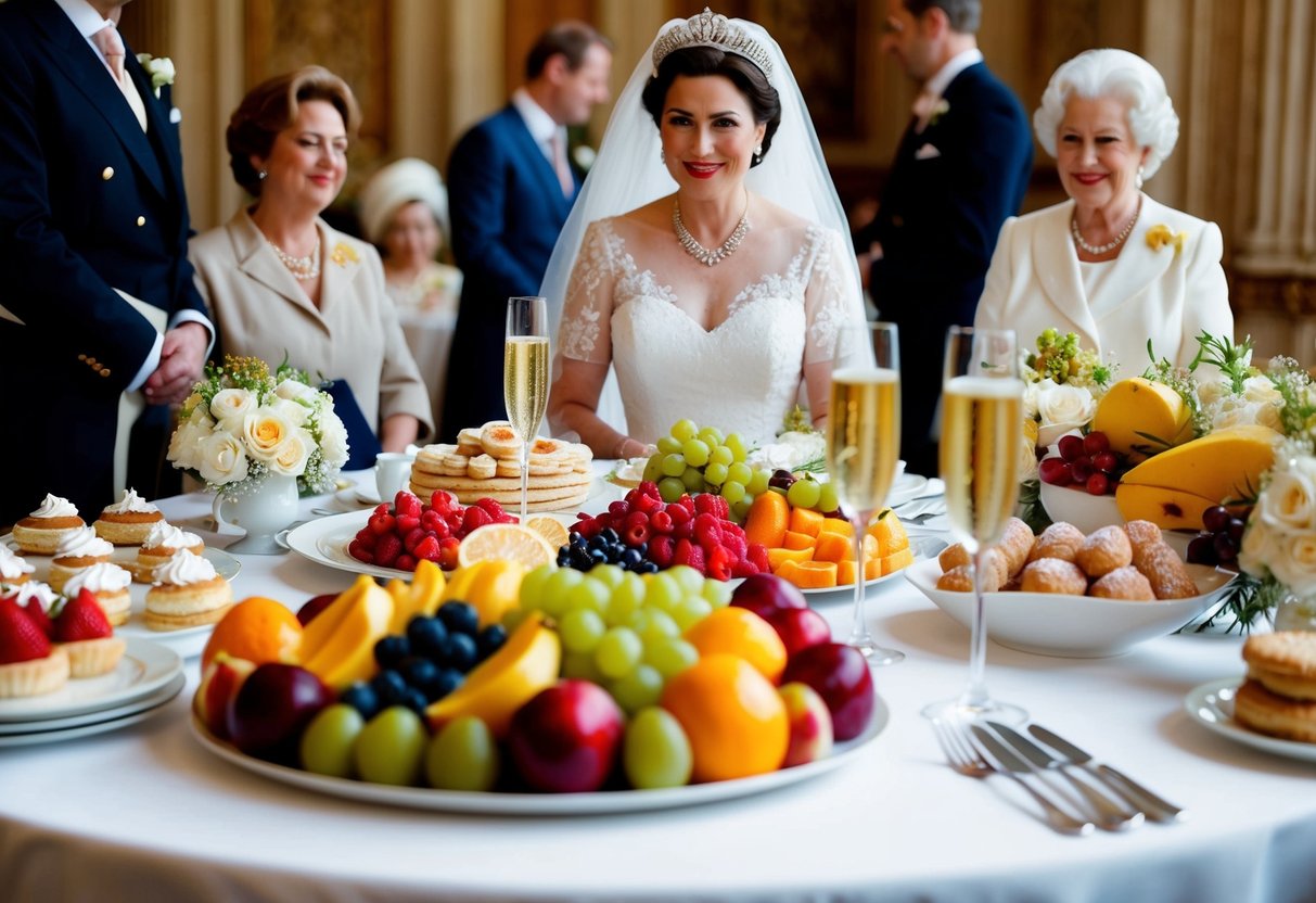 The queen enjoyed a lavish spread of fresh fruits, pastries, and champagne at her wedding breakfast