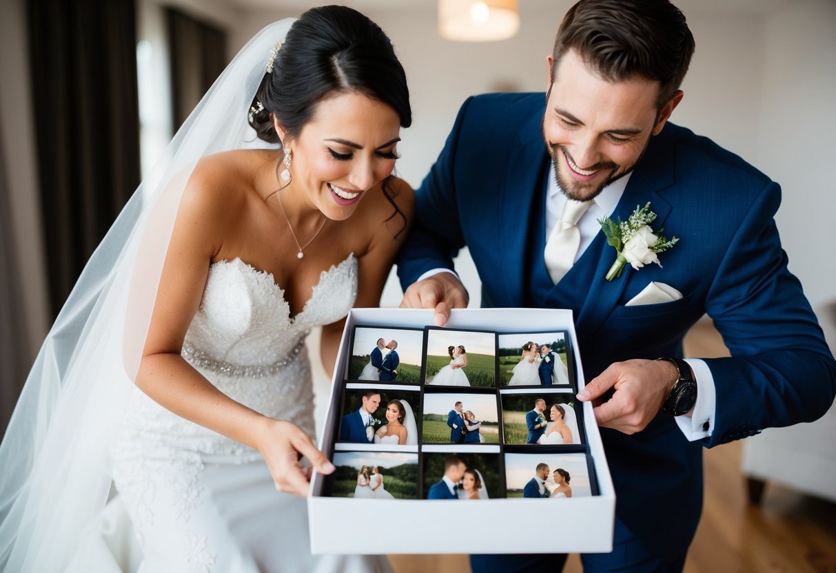 A bride and groom eagerly open a package containing their wedding photos, smiling and reminiscing as they flip through the beautiful images