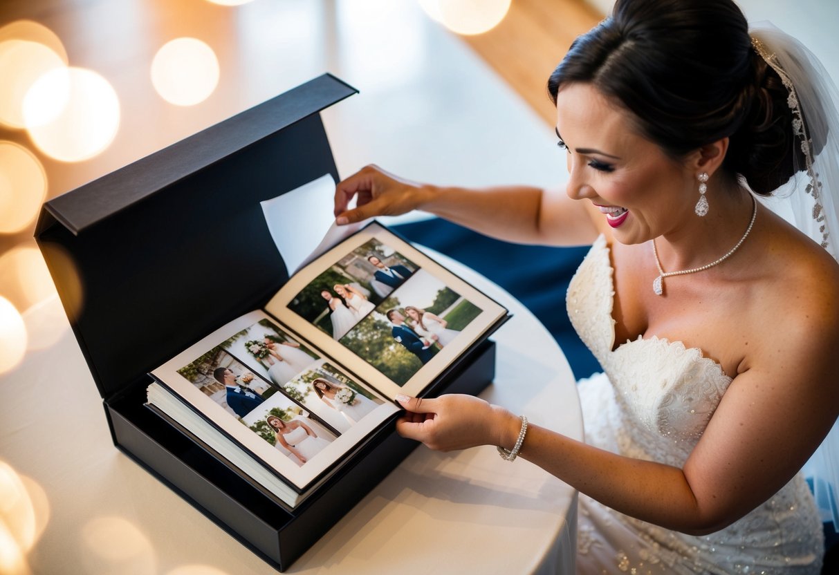 A bride eagerly opens a package, revealing a beautifully crafted wedding album. She smiles with joy as she flips through the pages, reliving precious memories