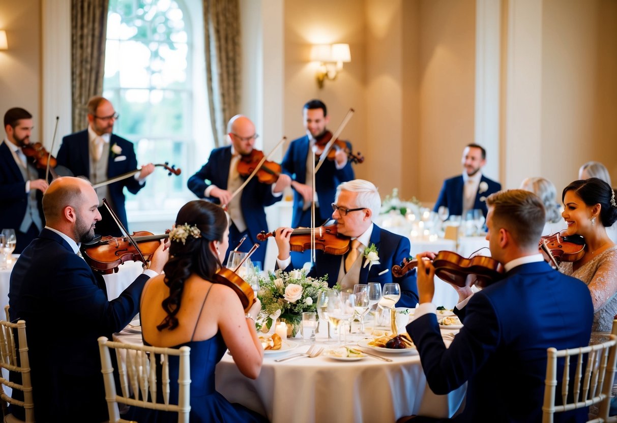 Guests enjoy live music during a wedding breakfast, with a string quartet playing in the background as they dine and converse