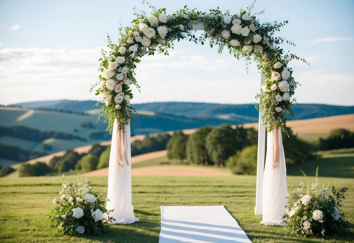 A beautiful outdoor setting with a white wedding arch adorned with flowers and greenery, set against a backdrop of rolling hills and blue skies