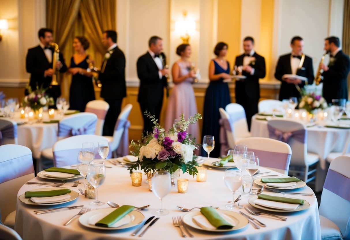 Tables set with elegant place settings, adorned with floral centerpieces. A live band plays soft music in the background as guests mingle and enjoy their meals