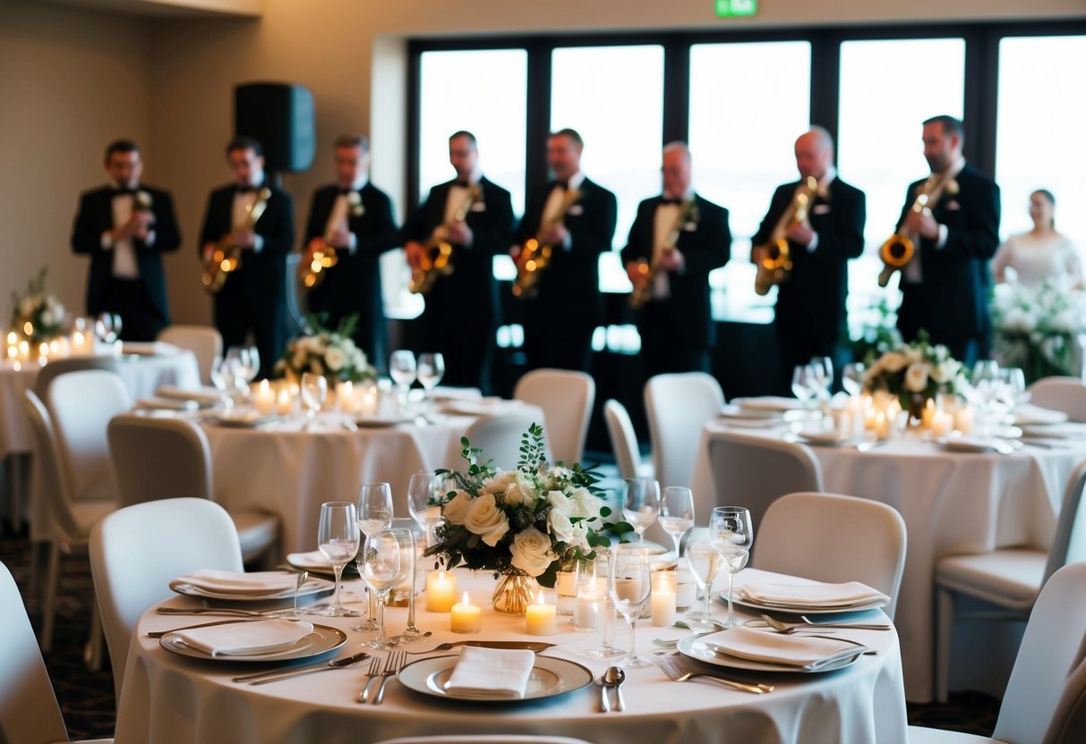 Tables set with elegant place settings, soft candlelight, and a live band playing in the background as guests enjoy their wedding breakfast