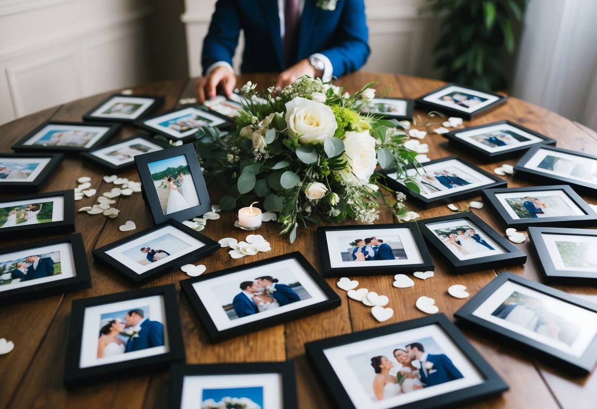 A table covered in wedding photos, some in frames, some scattered. A person hesitating to share them