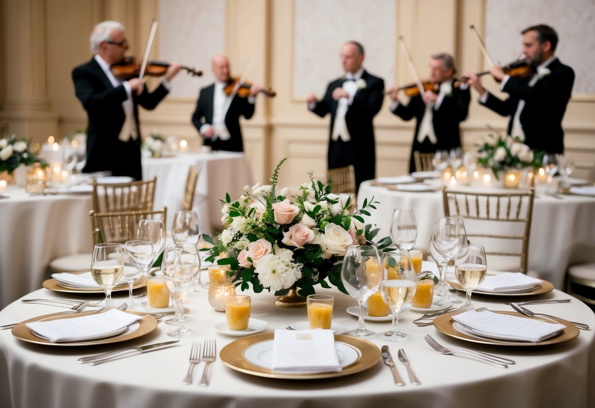A table setting at a wedding breakfast with elegant place settings, floral centerpieces, and a small orchestra playing in the background