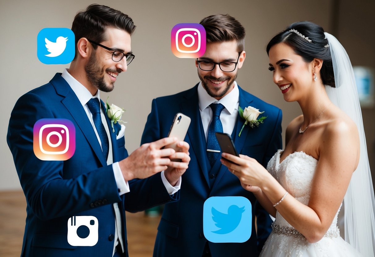 A bride and groom uploading wedding photos to various social media platforms, including Instagram, Facebook, and Twitter
