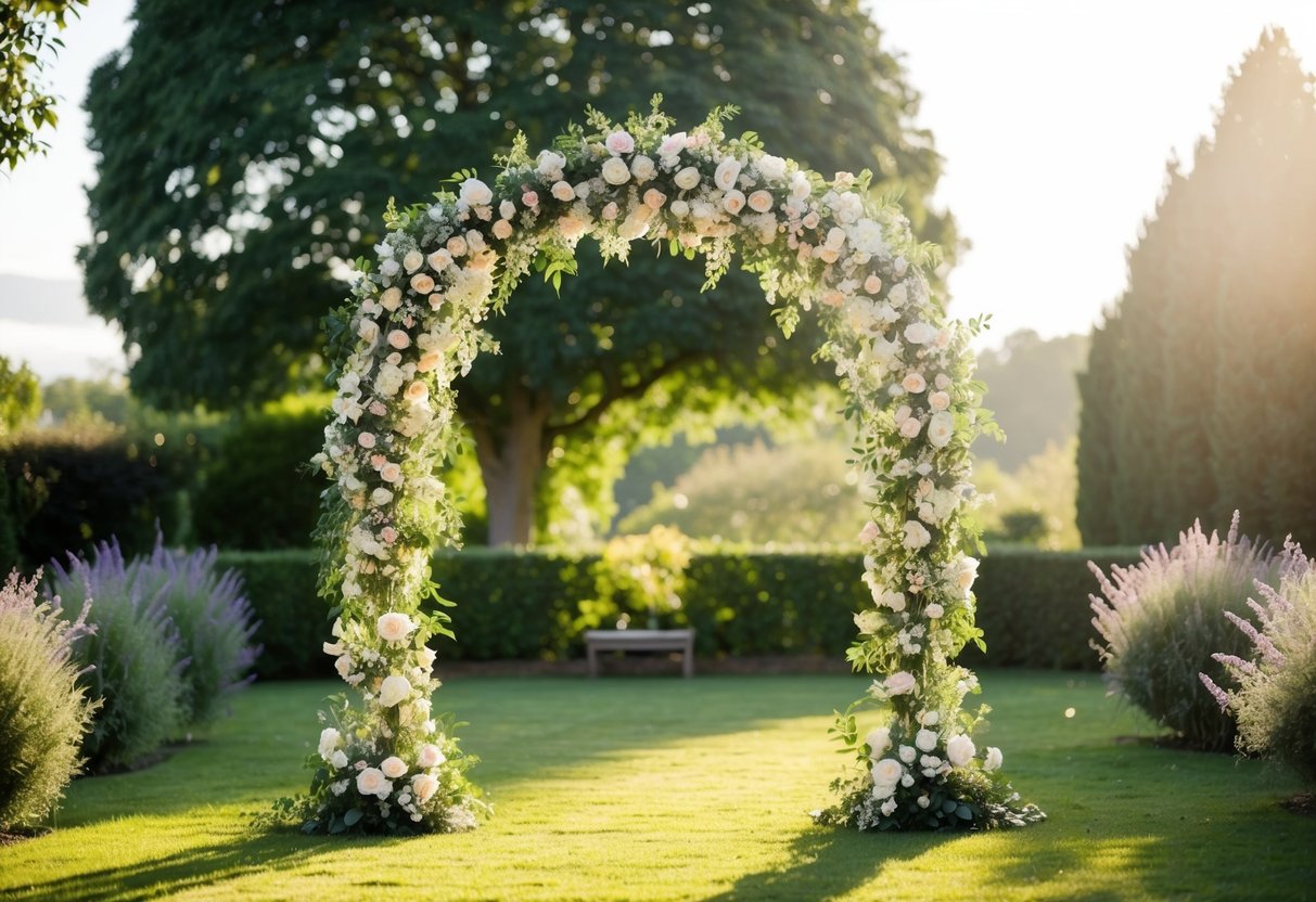A floral wedding arch stands in a lush garden, bathed in soft sunlight, with a serene and romantic atmosphere