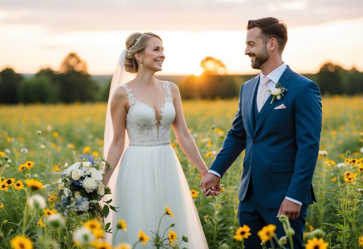 A bride and groom standing in a field of wildflowers, holding hands and smiling at each other, with the sun setting in the background