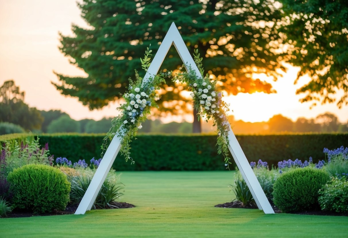 A triangle wedding arch stands in a lush garden, adorned with flowers and greenery. The sun sets behind it, casting a warm glow over the structure