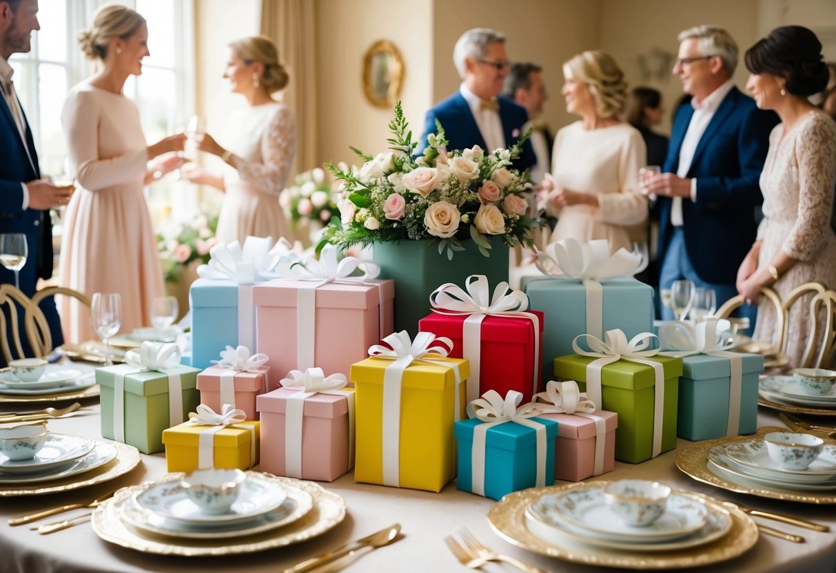A group of elegantly wrapped gifts arranged around a table set with delicate china and floral centerpieces, as guests mingle and chat in a cozy, sunlit room