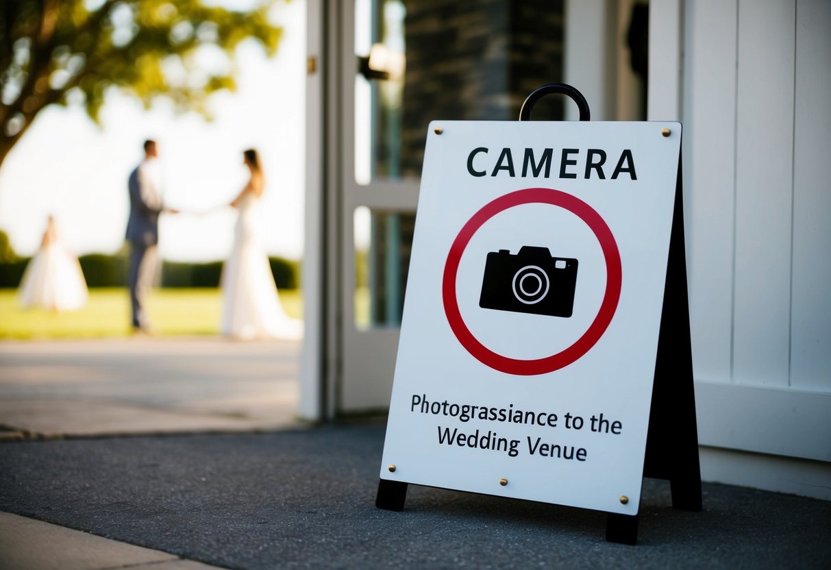 A sign with a camera crossed out, placed near the entrance to the wedding venue