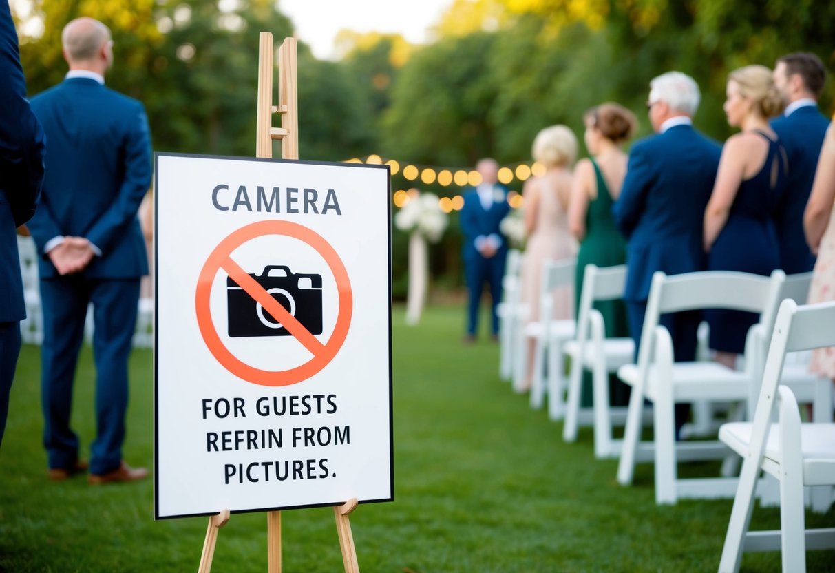 A serene outdoor wedding ceremony with a sign displaying a camera crossed out, indicating a request for guests to refrain from taking pictures