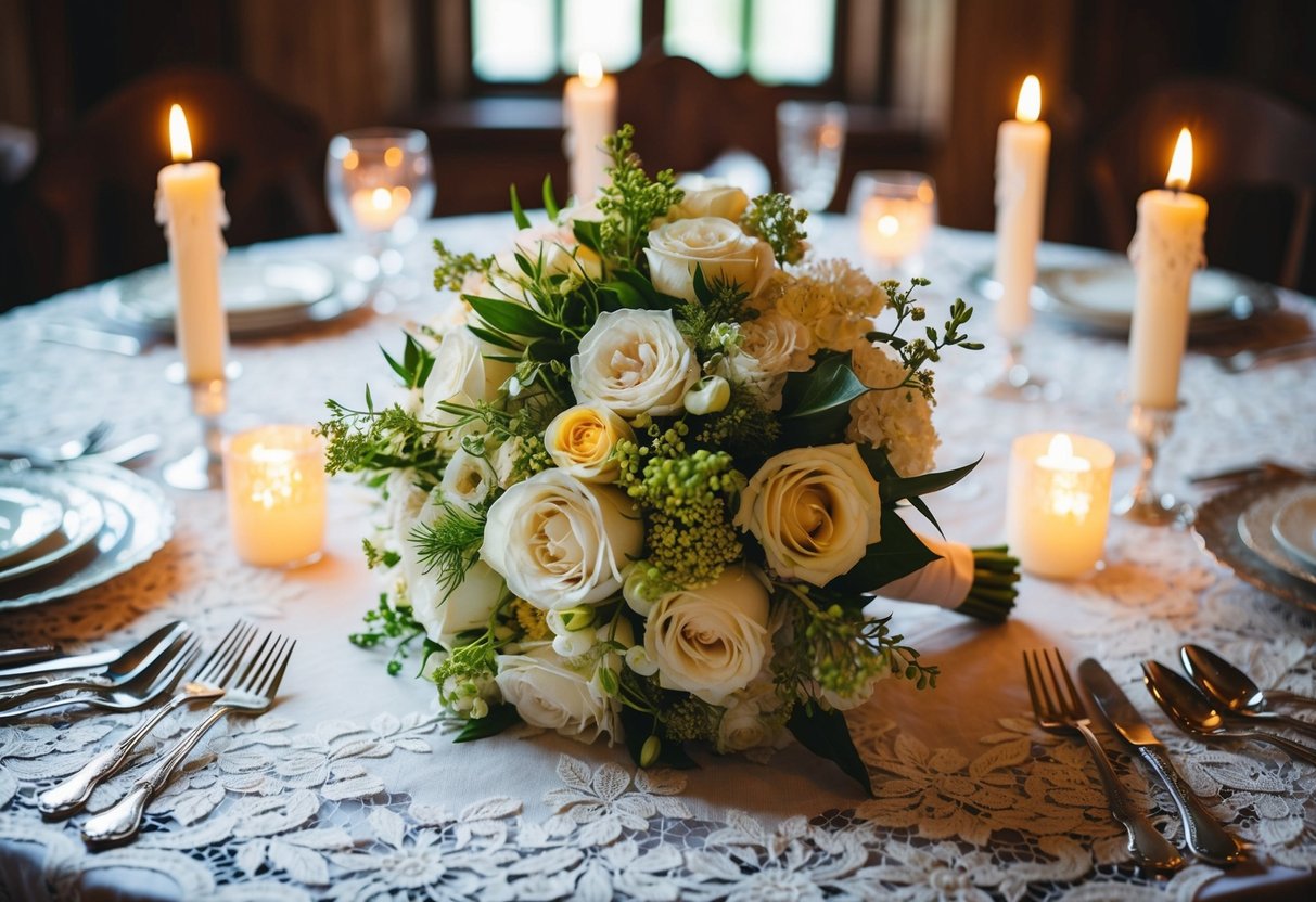 A bride's bouquet rests on an antique lace tablecloth, surrounded by flickering candlelight and vintage silverware