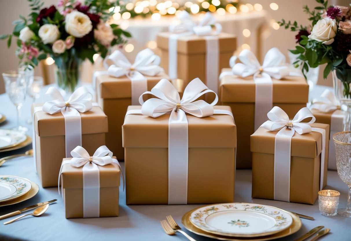 A group of elegantly wrapped gifts with ribbons and bows arranged on a table, surrounded by floral decorations and delicate place settings