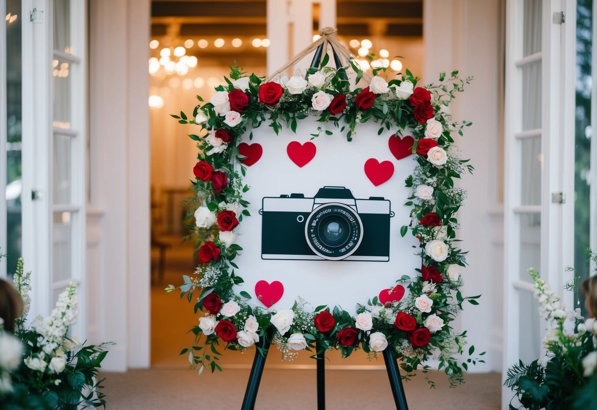 A sign with a camera crossed out, surrounded by hearts and flowers, displayed prominently at the entrance of a wedding venue