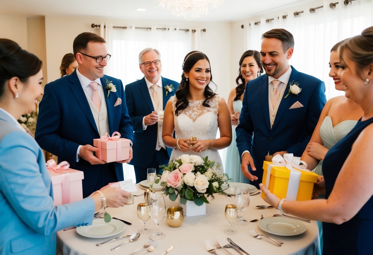 A group of wedding guests gather around a table, bringing gifts and chatting at a bridal shower