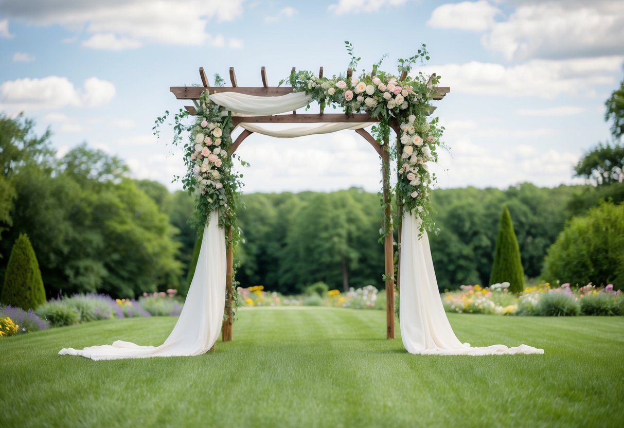A wedding arch stands at the center of a lush garden, adorned with flowers and draped fabric. An arbor is a simple wooden structure covered in climbing vines, nestled in a peaceful meadow