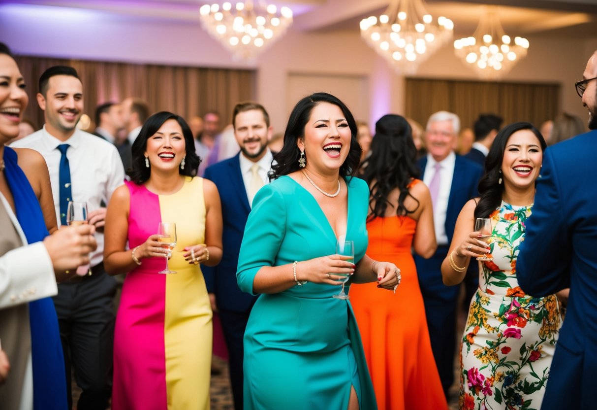Guests in colorful attire mingle at a wedding reception, with a mix of formal and casual outfits. The scene is filled with laughter and joy