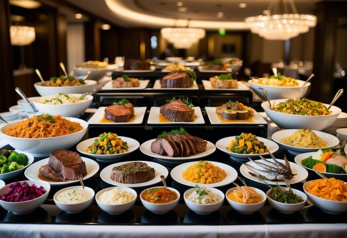 A grand buffet spread with a variety of main course options, including succulent meats, flavorful vegetarian dishes, and elegant seafood selections