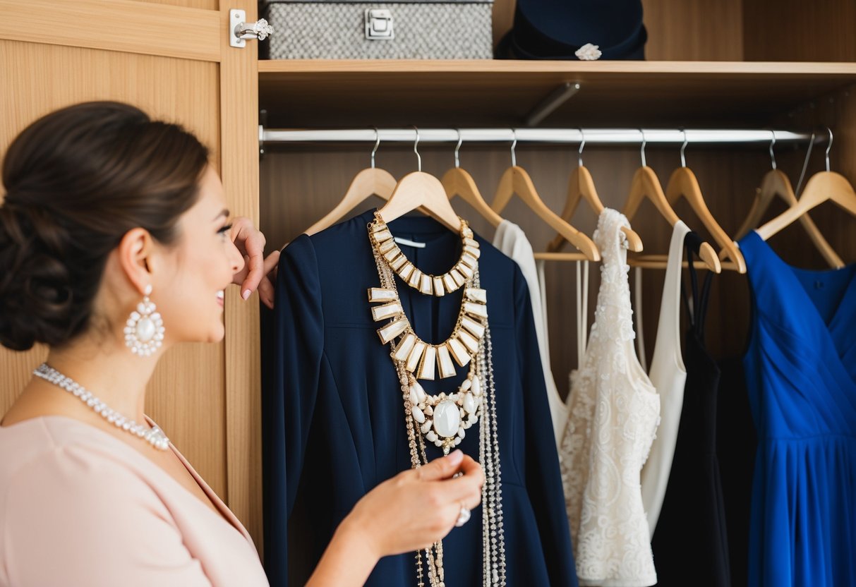 A woman stands in front of a closet, choosing between a bold statement necklace and a delicate pair of earrings to accessorize her outfit for a wedding