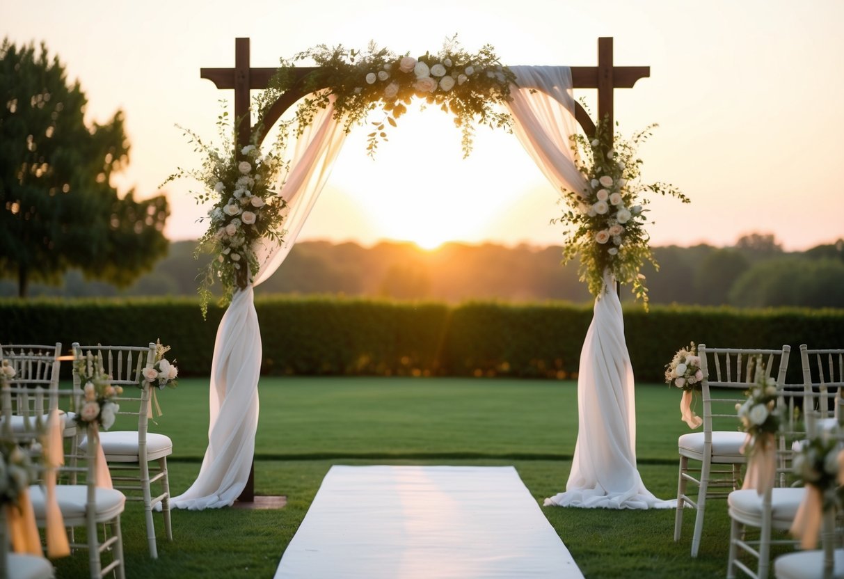 A wedding arch sits in a tranquil garden, entwined with flowers and draped with fabric. The setting sun casts a warm glow, creating a serene and romantic atmosphere