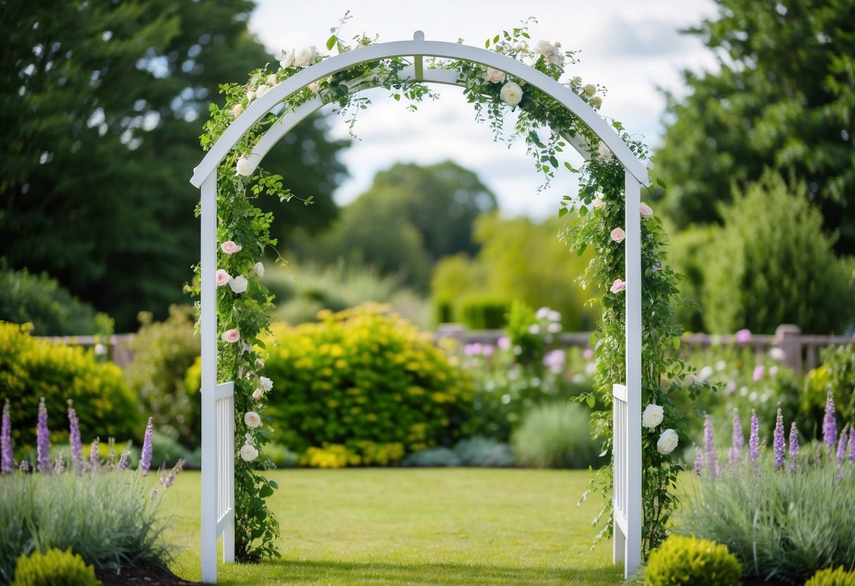 A wedding arch being repurposed as a garden trellis, adorned with climbing flowers and surrounded by lush greenery