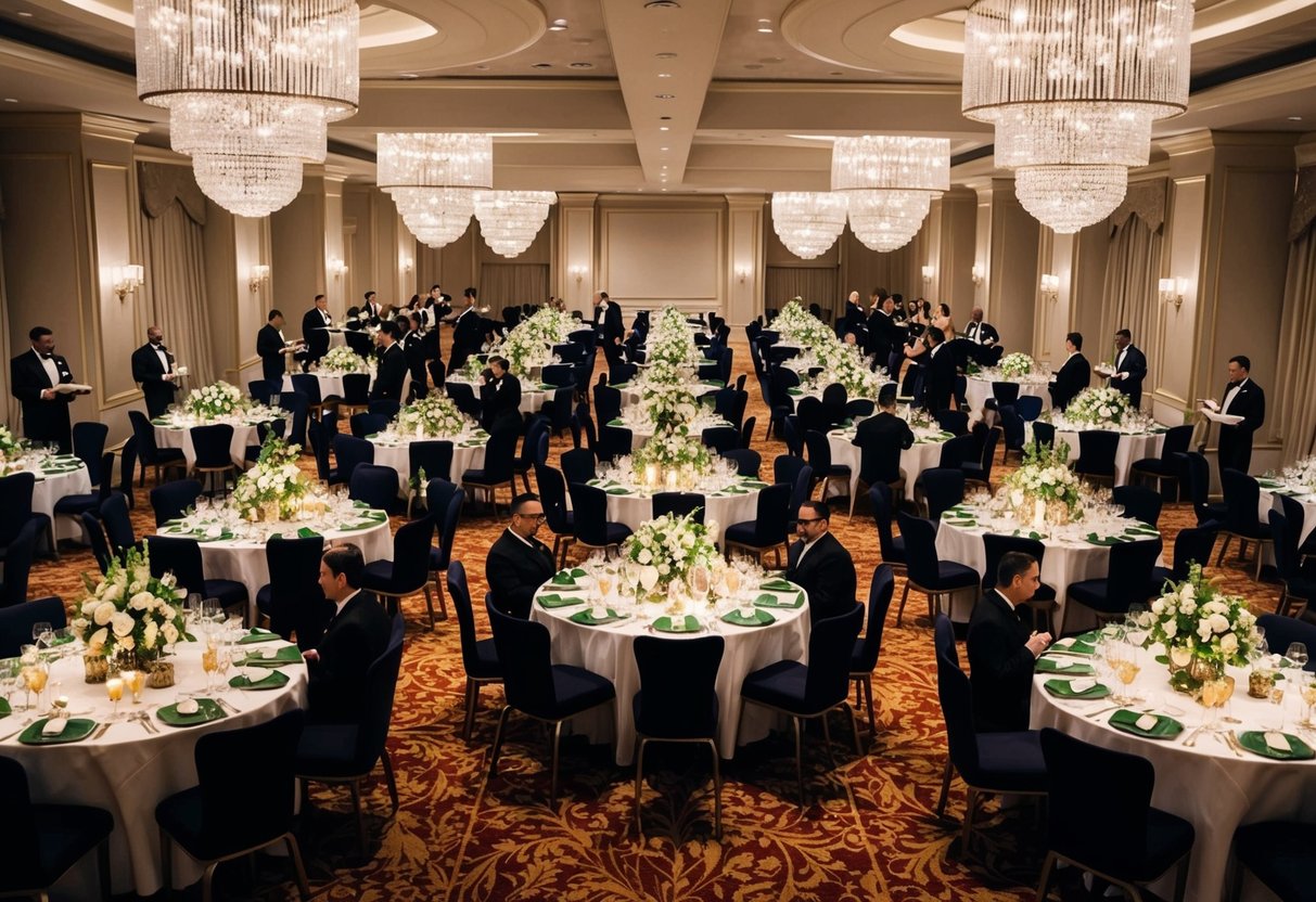 A banquet hall filled with elegantly set tables adorned with elaborate centerpieces, surrounded by waitstaff serving a variety of delectable dishes