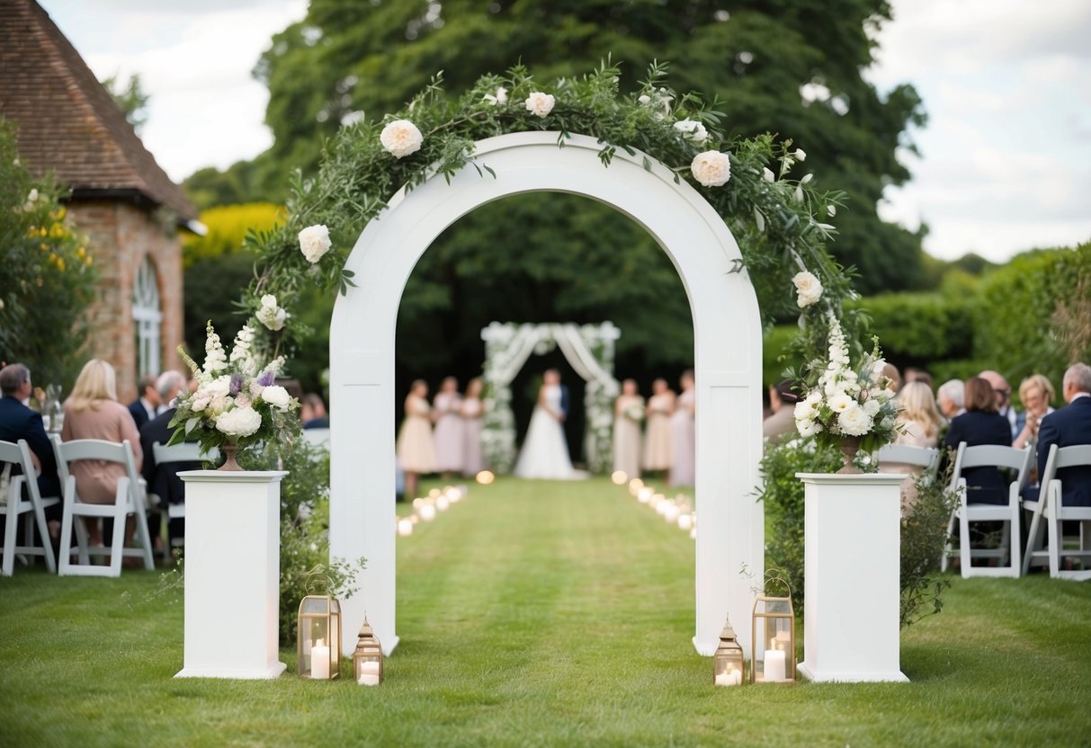 A wedding arch being repurposed as a decorative entrance to a garden party