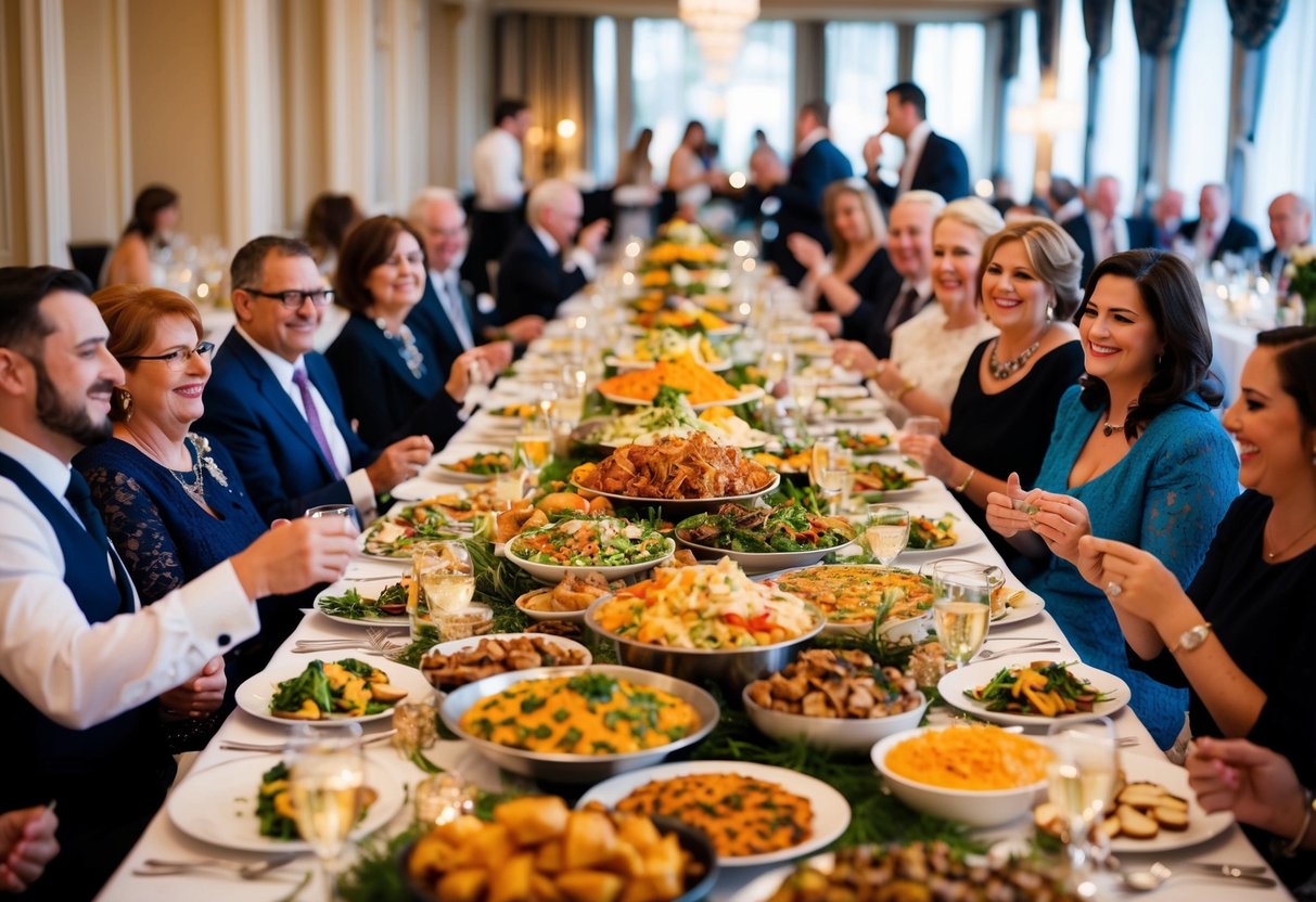 A banquet table overflowing with a variety of sumptuous dishes, surrounded by elegantly decorated tables and happy guests enjoying the delicious food