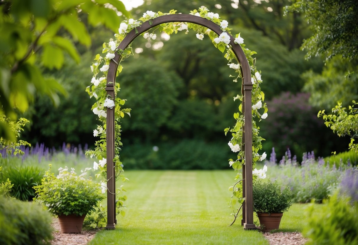 A wedding arch repurposed as a garden trellis, covered in blooming vines and surrounded by lush greenery