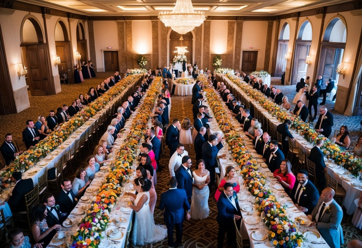 A grand banquet hall filled with elegantly decorated tables, overflowing with a colorful array of delectable dishes, surrounded by happy wedding guests