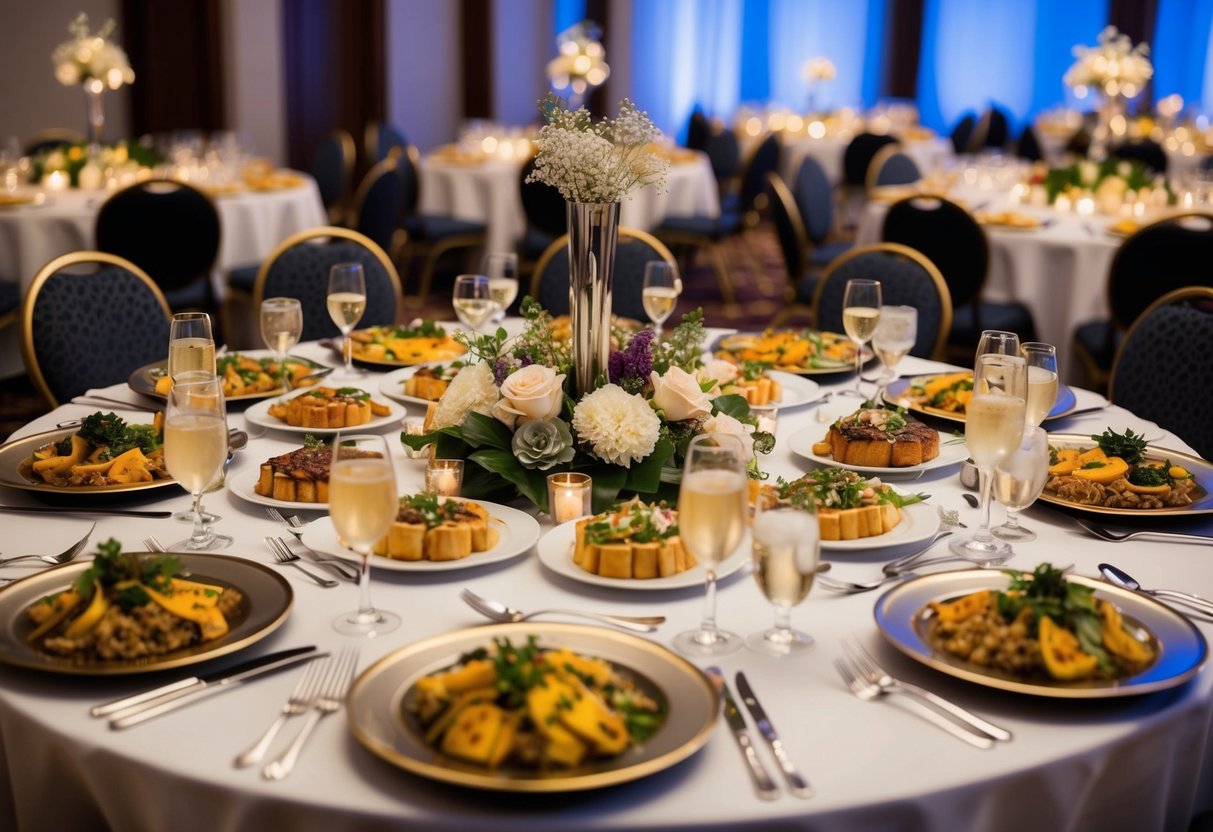 A banquet table filled with an array of sumptuous dishes, surrounded by elegant place settings and decorative centerpieces