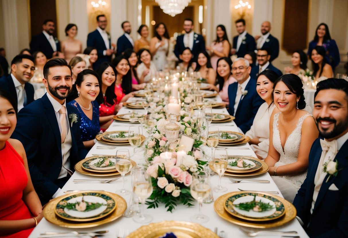 A lavish banquet table with ornate dishes and elegant place settings, surrounded by joyful guests at a wedding celebration