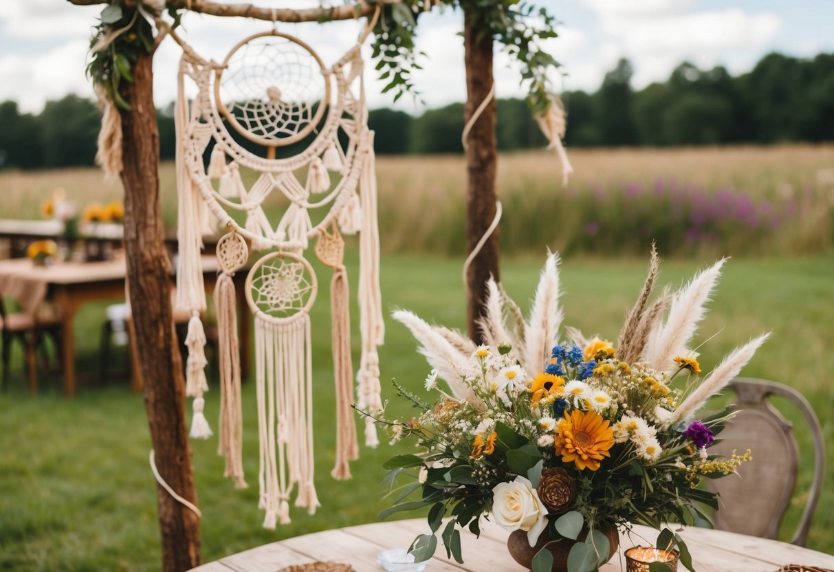 A boho wedding features a rustic outdoor setting with a mix of vintage and eclectic decor, including macrame, dreamcatchers, and wildflowers