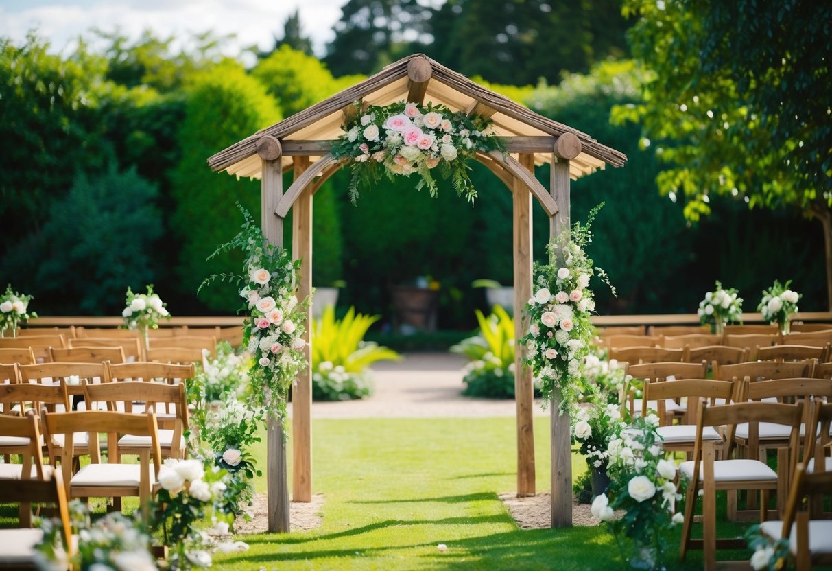A beautiful garden with a rustic wooden wedding arbour adorned with flowers and surrounded by lush greenery