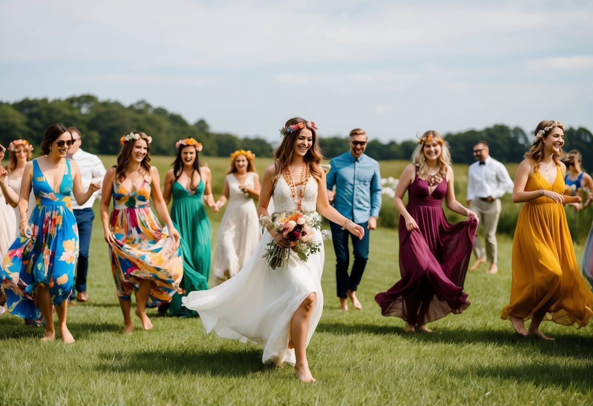 A boho wedding scene with colorful flowing dresses, flower crowns, mismatched jewelry, and barefoot guests dancing on a grassy field