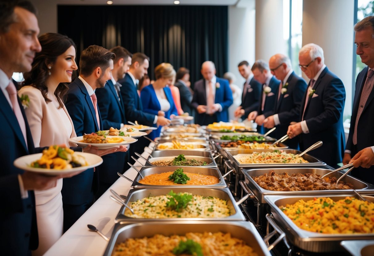 Guests line up at the buffet, eagerly eyeing the spread of food. The aroma of delicious dishes fills the air as they make their selections