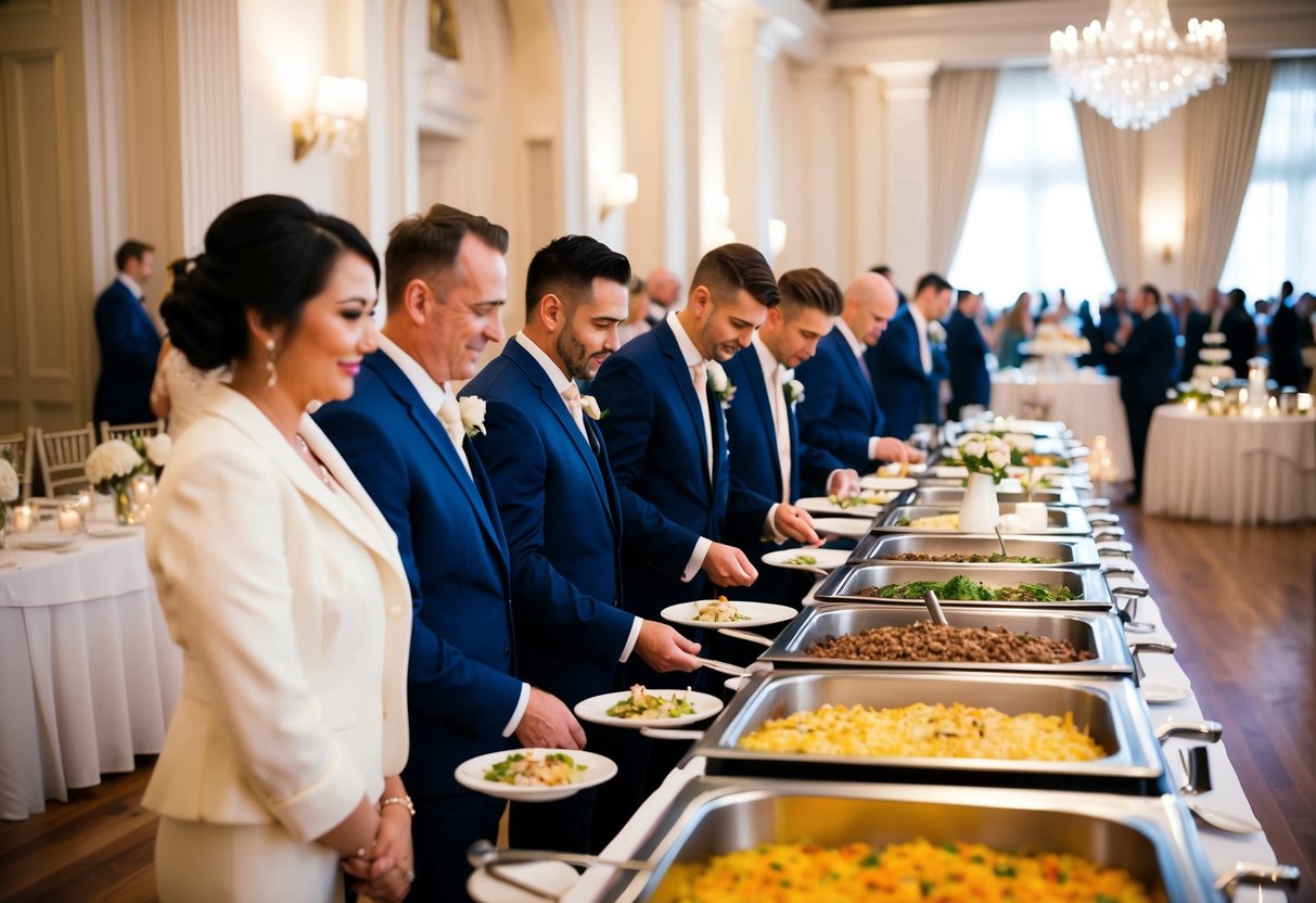 Guests line up at a lavish wedding buffet, with elegant tables and chairs arranged in a grand reception hall. The aroma of delicious food fills the air as the buffet is set up, waiting for the first guests to fill their plates