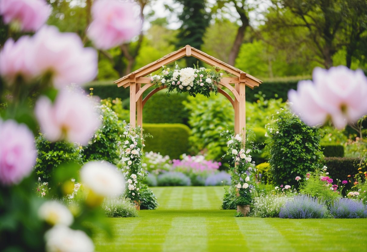 A lush garden with a wooden wedding arbour surrounded by blooming flowers and greenery