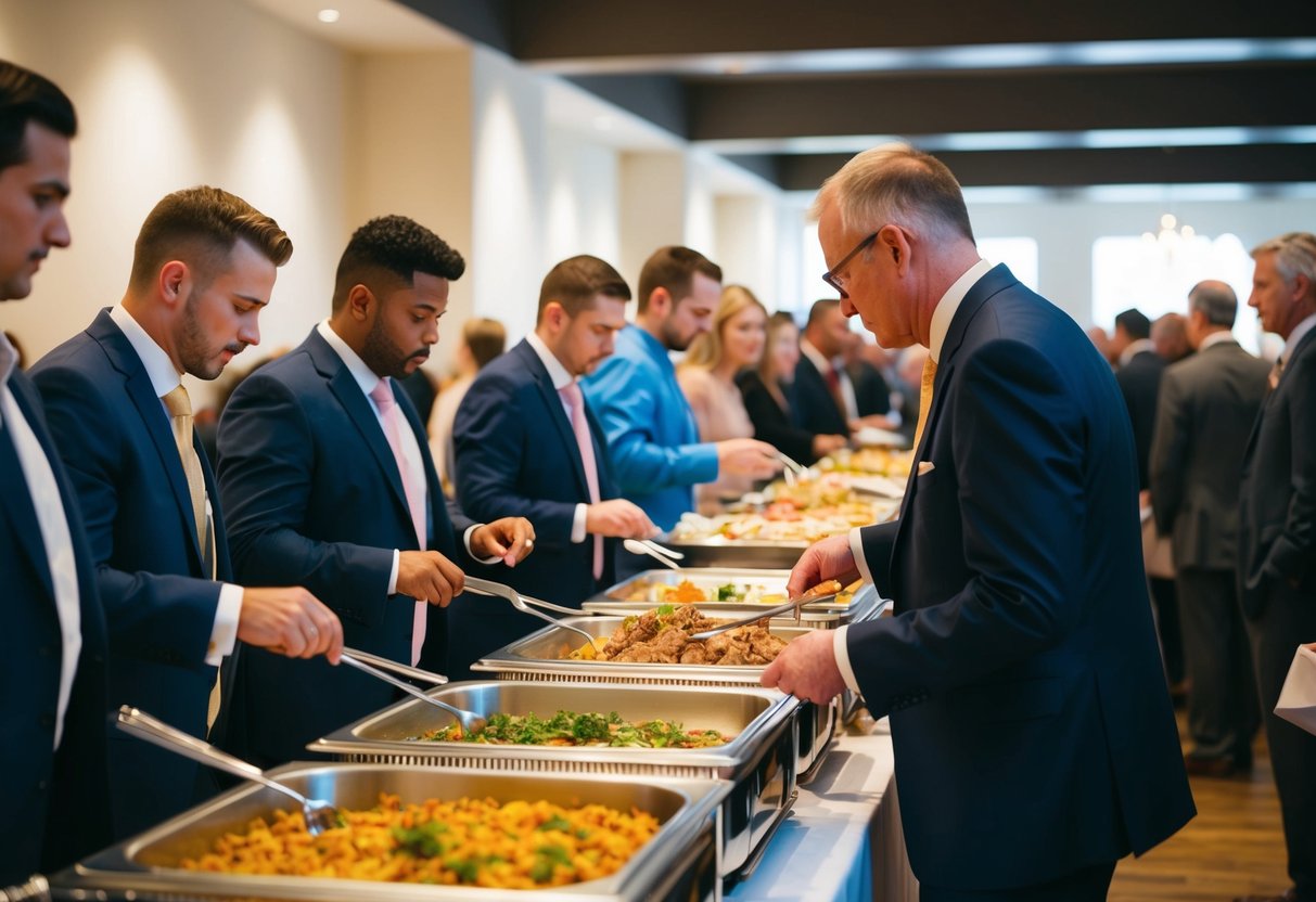 Guests eagerly approach the buffet, some strategizing their order, while others wait patiently. The aroma of delicious food fills the air as the line moves steadily