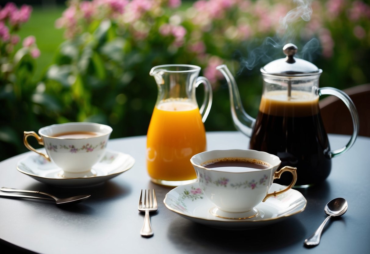 A table set with a delicate teacup and saucer, a carafe of freshly squeezed orange juice, and a pot of steaming coffee