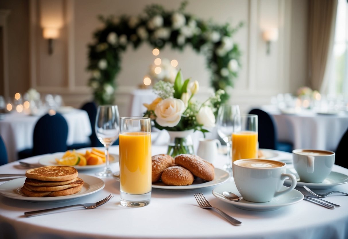 A table set with a variety of breakfast options, including a glass of orange juice and a cup of coffee, with elegant wedding decor in the background
