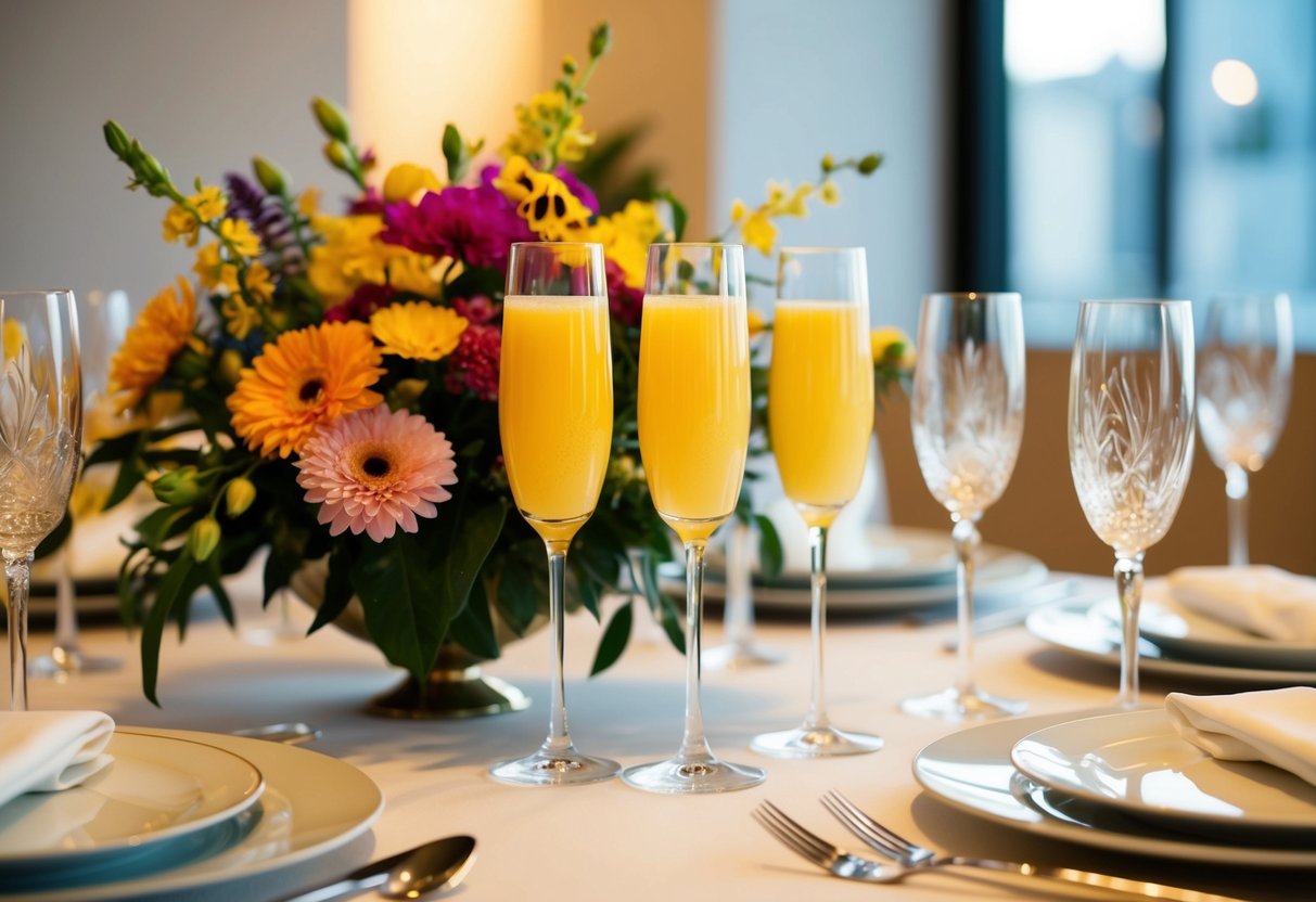 A table set with mimosas and champagne flutes, surrounded by colorful flowers and elegant glassware
