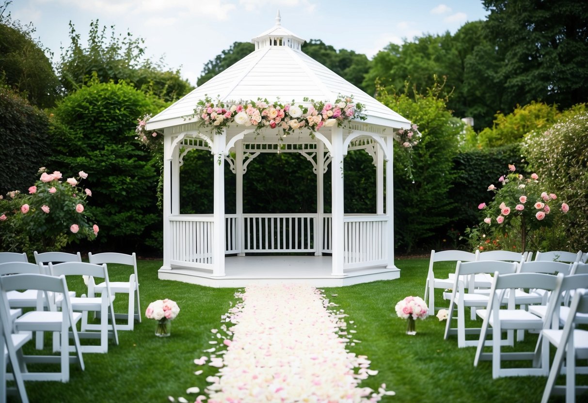 A white gazebo adorned with flowers stands in a garden. A path lined with rose petals leads to it, with chairs set up for guests